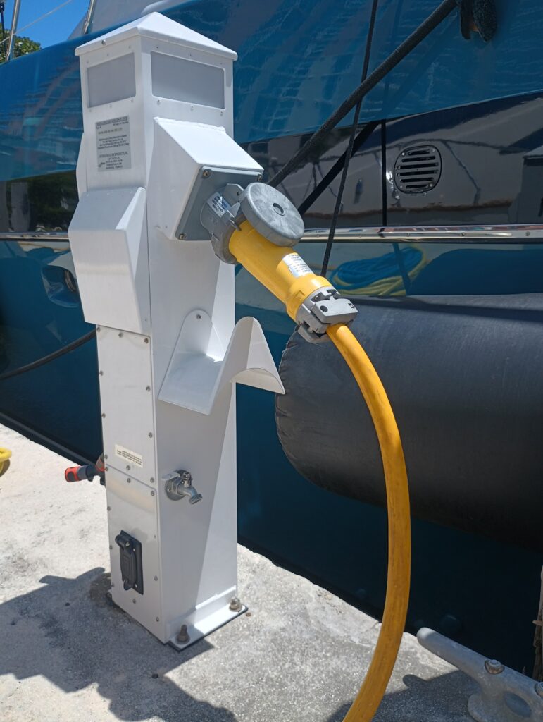 Dock power pedestal with a 100A shore power connected
